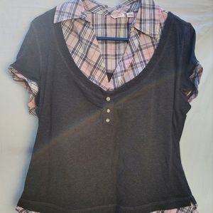 Cato adult L  grey/pink plaid collared top